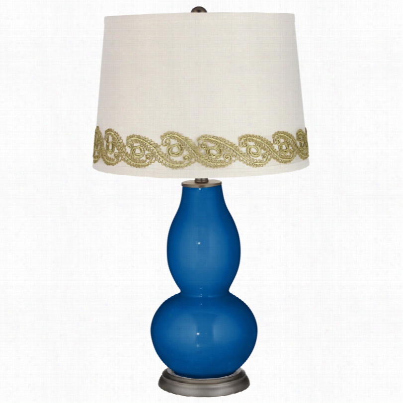 Contemporary Hyper Blue Double Gourc Table Lamp With Vone Lace Trim
