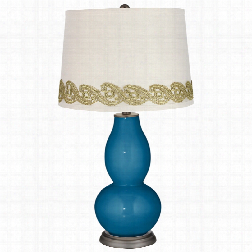 Contemporary Mykonos Blue Double Gourrd Table Lamp With Vine Lace Trim