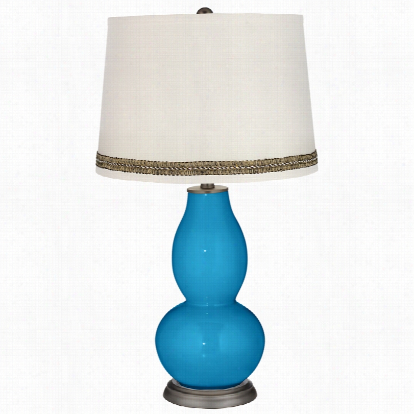 Cotnmeporary River Blue Double Goourdt A Ble Lamp With  Wave Braid Trimm
