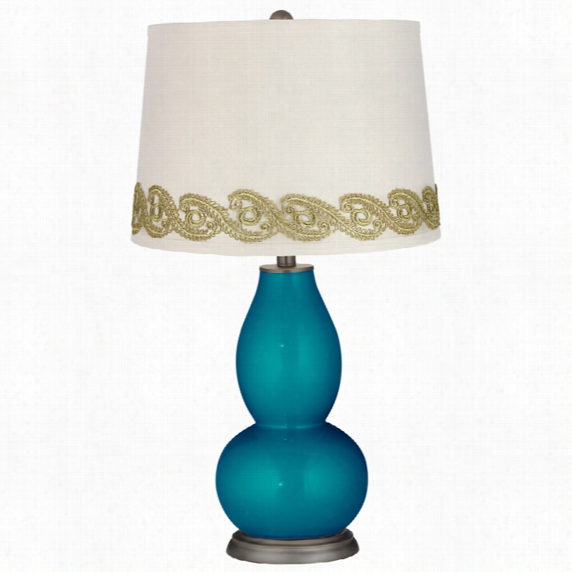 Contemporary Turquoise Metallic Od Uble Gourrd Table Lamp With Vine Lace Trim