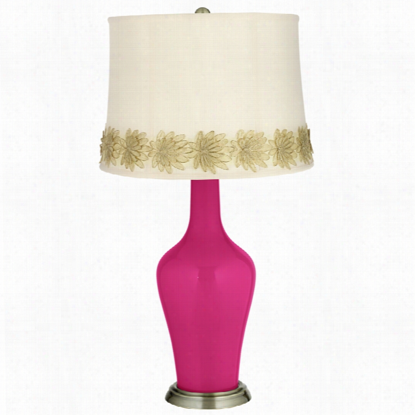 Transitional B Eetroot Purple Brass Table Lamp With Flower Applique Trim