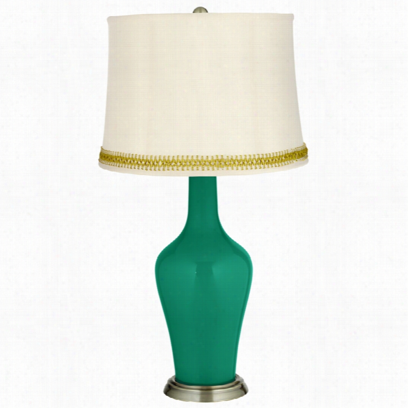 Transitional Emerald Brass Anya Table Lamp With Open Weave Trim