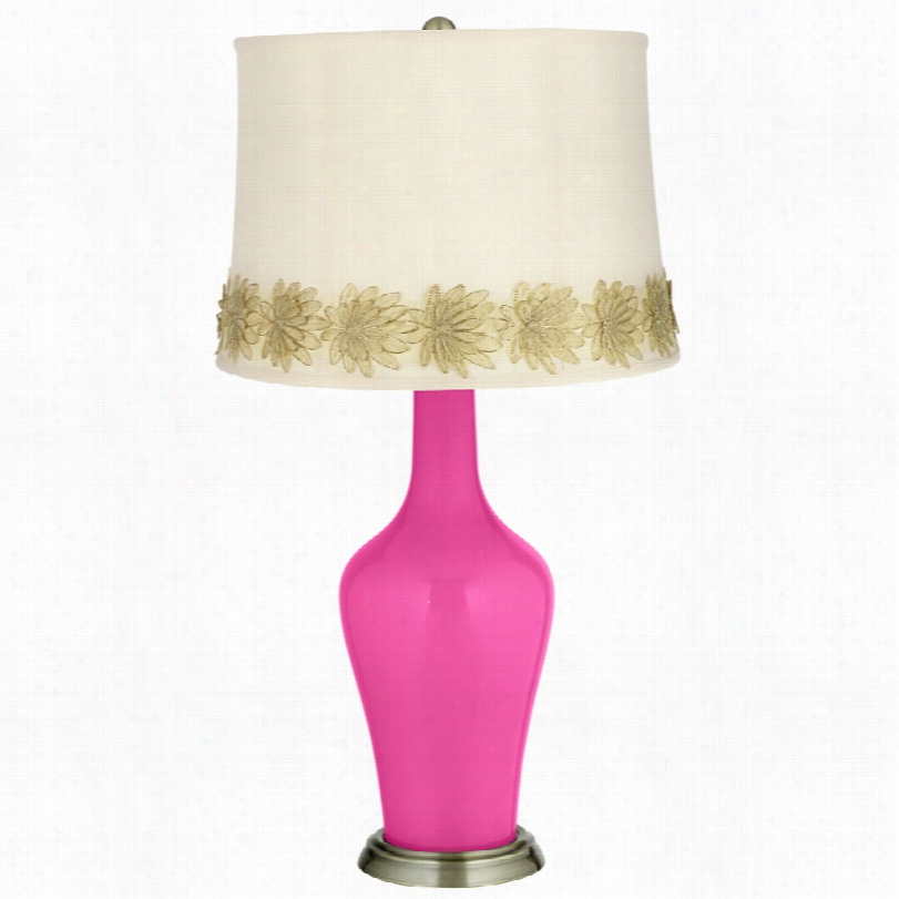 Transitional Fuchsia Brass Anya Ta Ble Lamp With Flower Applique Trim