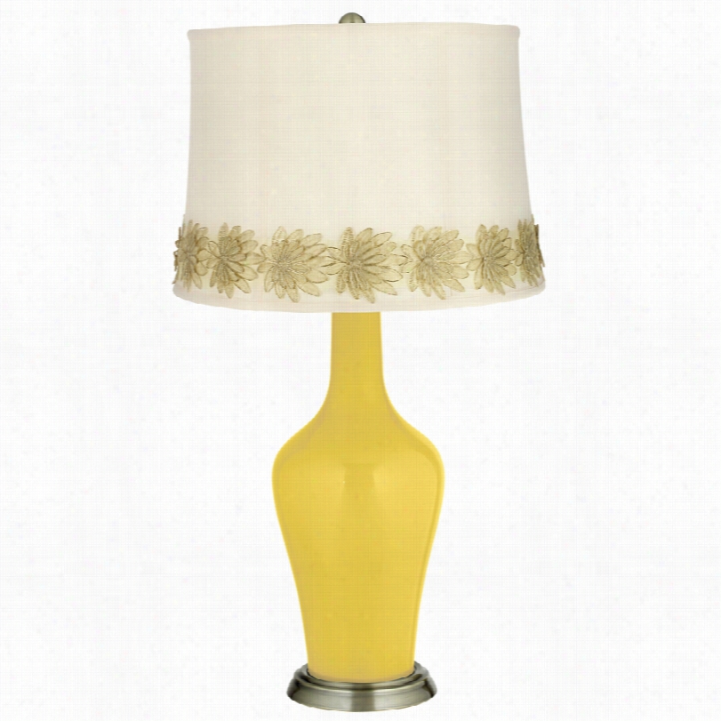 Transitional Lemon Zest Brass Anya Table Lamp With Flower Paplique Trim