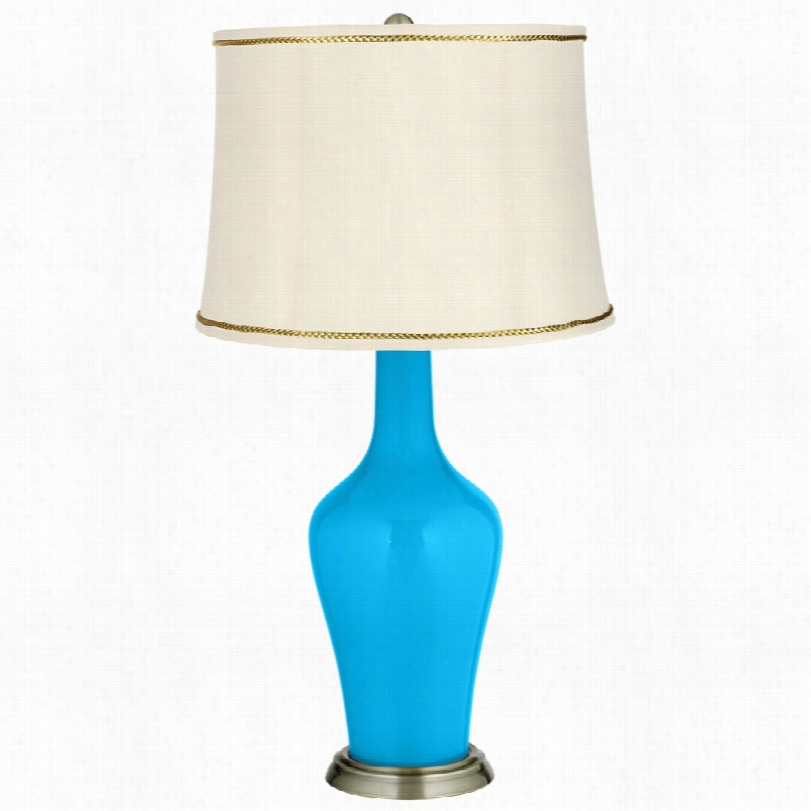 Transitional Sky Blue Brass Anya Table Lamp With President's Braid Trim