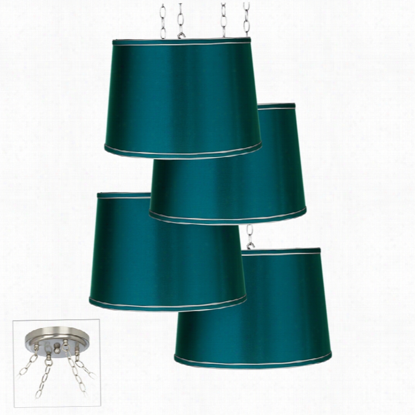 Contemporary Brushed Steel With Teal Satin Shade Multi Light Pendant