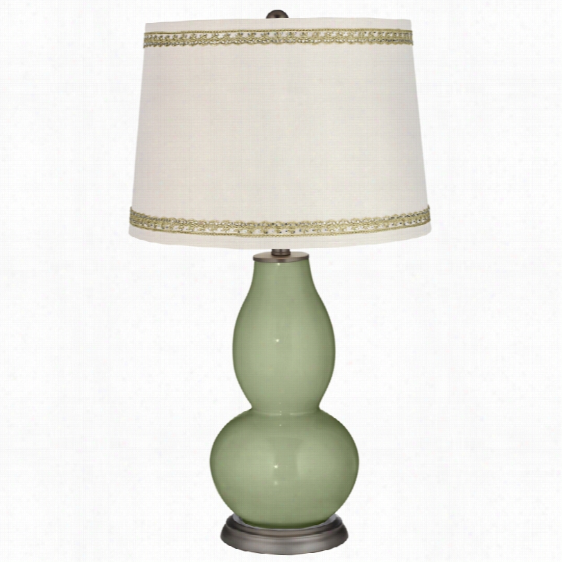 Contepmorary Majoli Ca Green Double  Gourrd Table Lamp With Rhinestone  Lace Trim