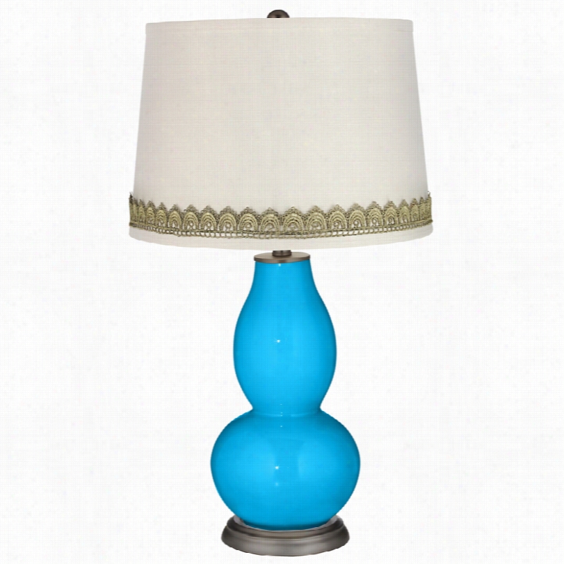 Contemporary Sky Blue Double Gourd Table Lamp  With Scallop Lace Trim