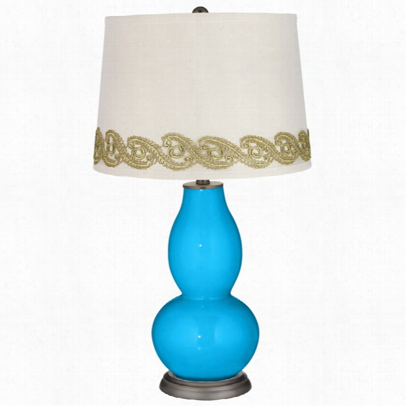 Contemporary Ksy Blue Double Gourd Table Lamp With Vine Lace Trim