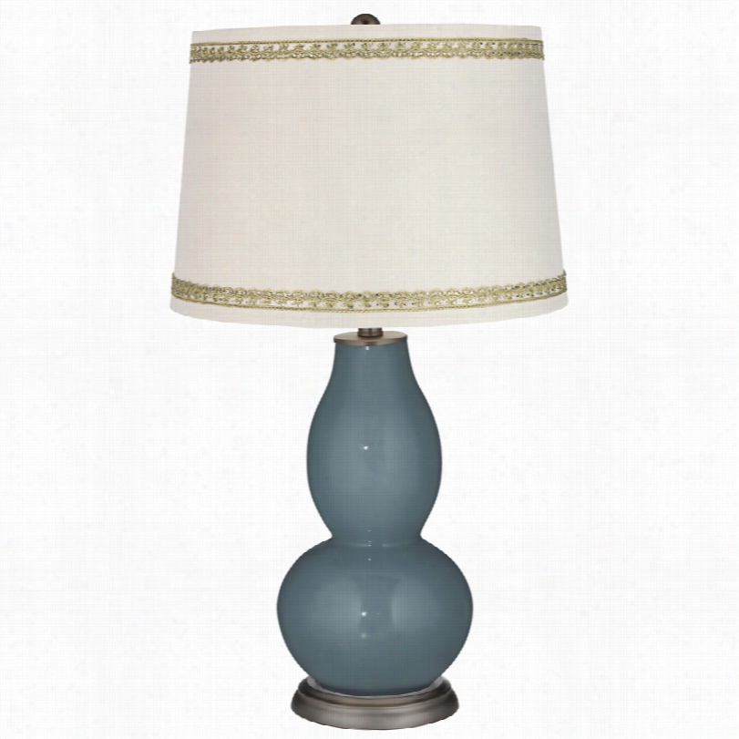 Cotnemoprary Smoky Blue Double Goudd Flat Lamp With Rhinestone Lace Trim