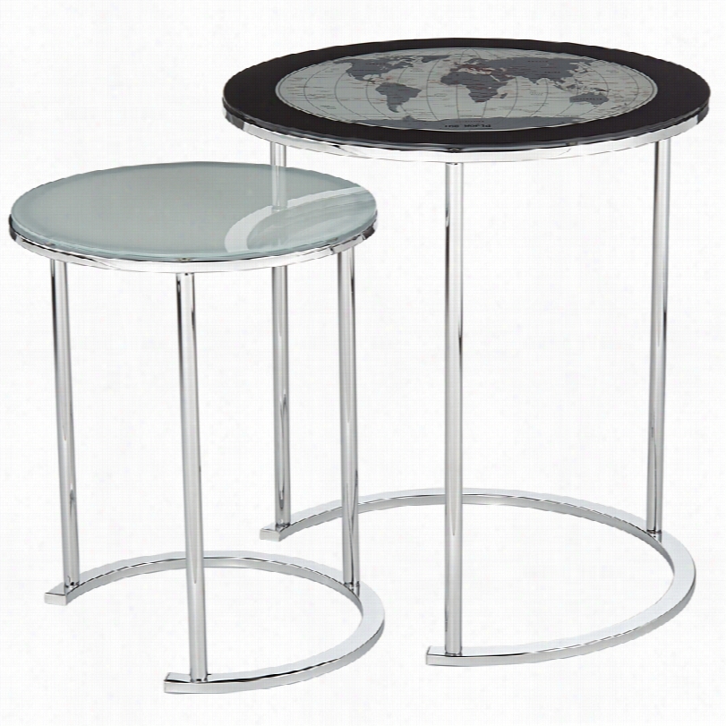Contemporary World Map Chrome And Glass Set Fo 2 Nesting Tables