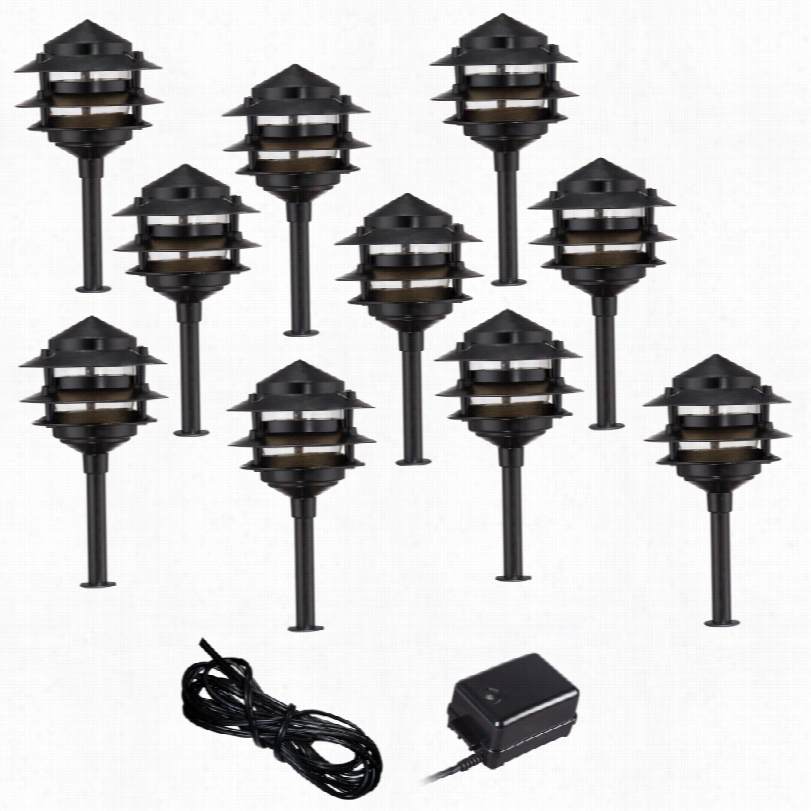 Traditional Pagoda Black Complete Outdoor Led Landscape Lighting Set