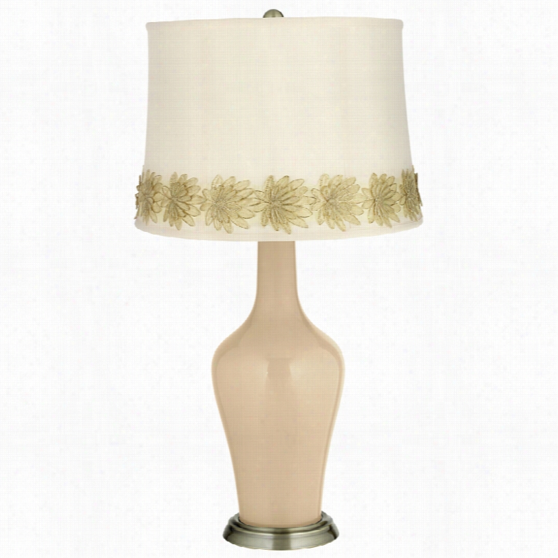 Transitional Colonial Tan Brass Anya Table Lamp Withflower Applique Trim