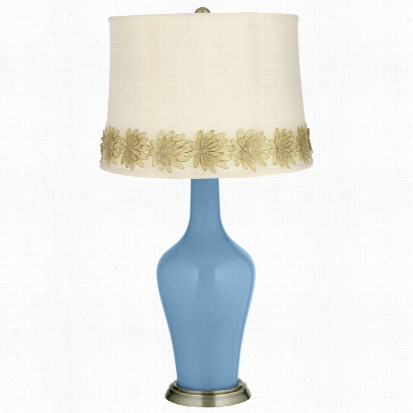 Transitional Dusk Blue Brass Anya Table Lamp With Flower Applique Trim