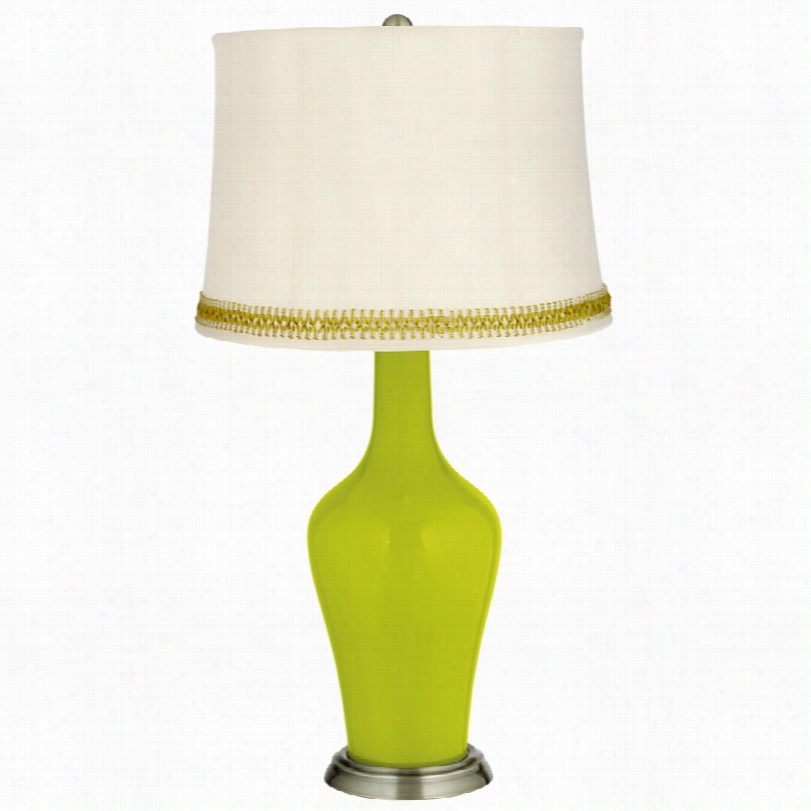 Tranitional Pastel Green Brass Anya Table Lamp With Open Weave Trim