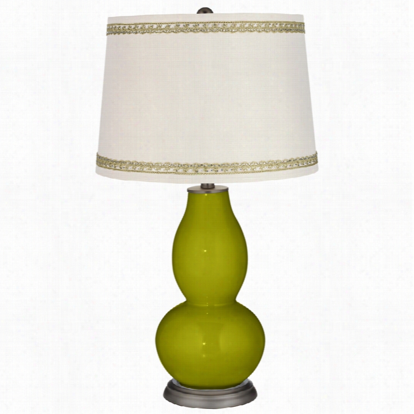 Contemporary Olive Unripe Double Gourd Table Lamp With Rhinestone Lae Trim