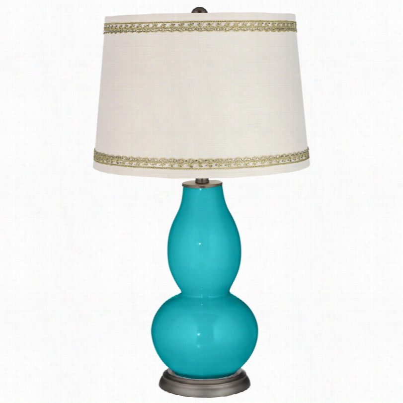 Contemporary Surfer Blue Double Gourd Table Lamp With Rhinestoen Lace Trim