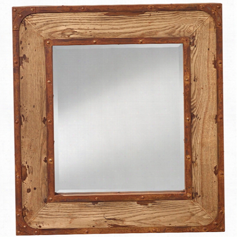 Rustic Lodge Feiss Kyle Natural Oak Square Wood Wall Mirror-32x35