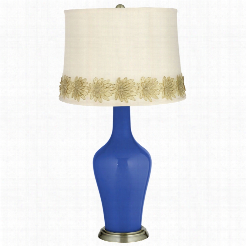 Transitional Dazzling Blue And Floewr Applique Trim Aya Index Lamp