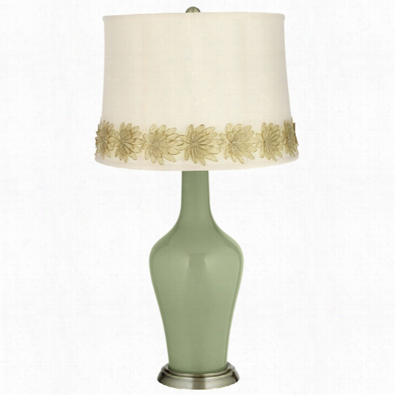 Transitional Majolica Green Brass Table Lamp Wth Prime Applique Trim