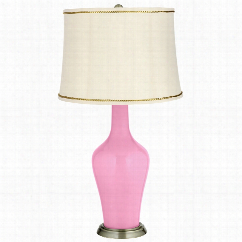 Transitional Pale Pink Brass Anya Table Lamp With President's Braid Trim