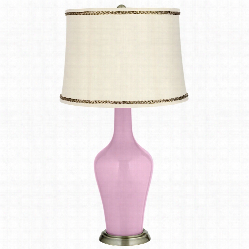 Transitinoal Pink Pansy Brass Anya Table Lamp With Twist Trim