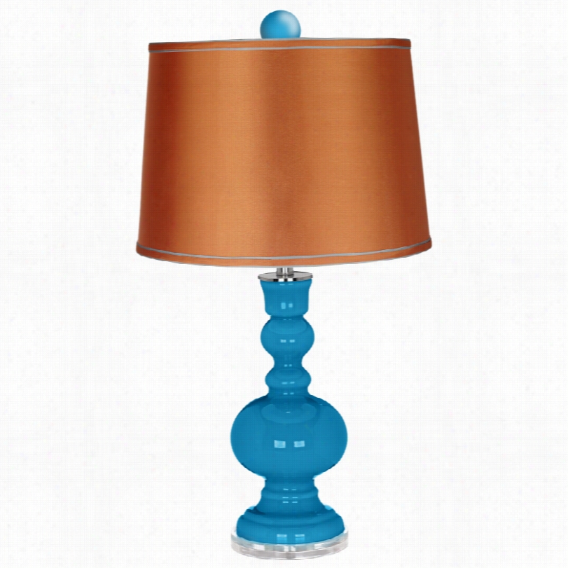 Contemporary River Blue With Finial And Satin Orange Shade Table Lamp