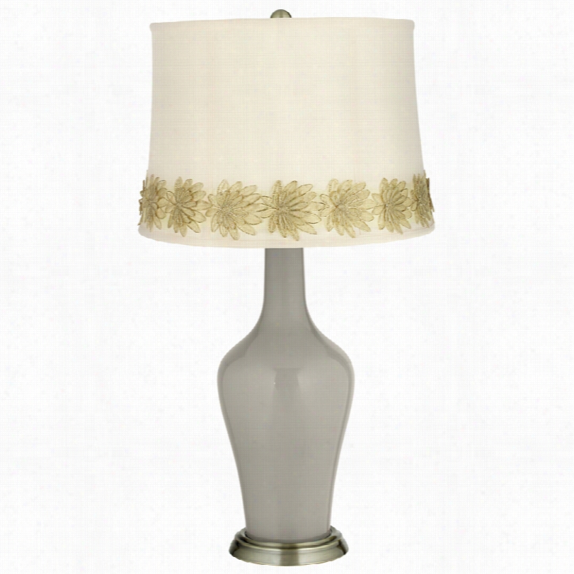 Transitional Requisite Gray Brass Tzble Lamp By The Side Of Flower Applique Trim