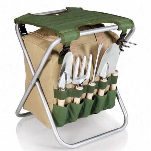 Picnic Time 542-93-121-000-0 Gardener Folding Seat With Tools In Olive G Reen/tan