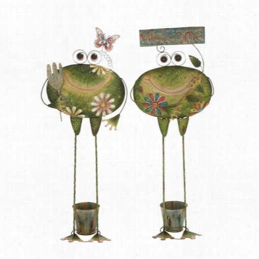 Woodland Imports 27120 Creative Standing Metal Frog Planter - Assorted Of 2