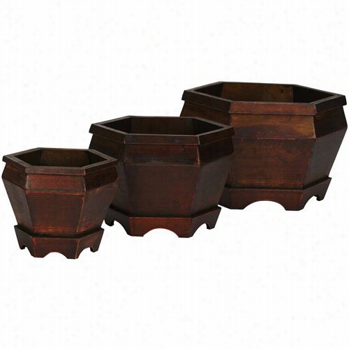 Neraly Naturap 050 7 Wooden Hexagon Decorative Plnter In Burgundy - Set Of 3