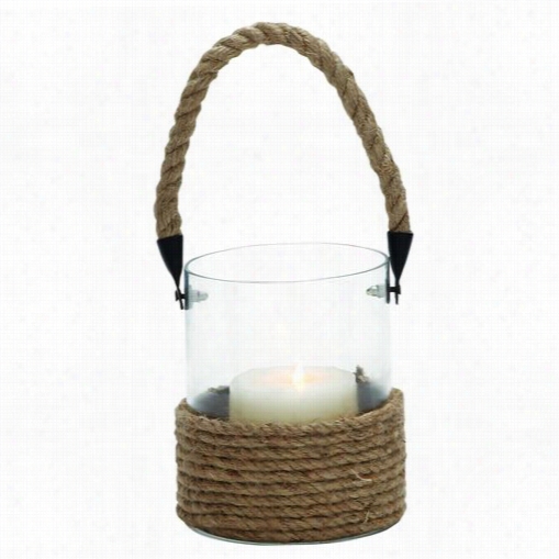 Woodland Imports 223828 Cylindrical Hsape Glass Lantern With Rope Handle