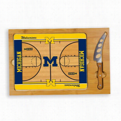 Picnic Time 910-00-505-345-0 Icon University Of Michigan Wolverines Digi Tal Print Basketball Cutting Cheese Ttray In Natural Wood