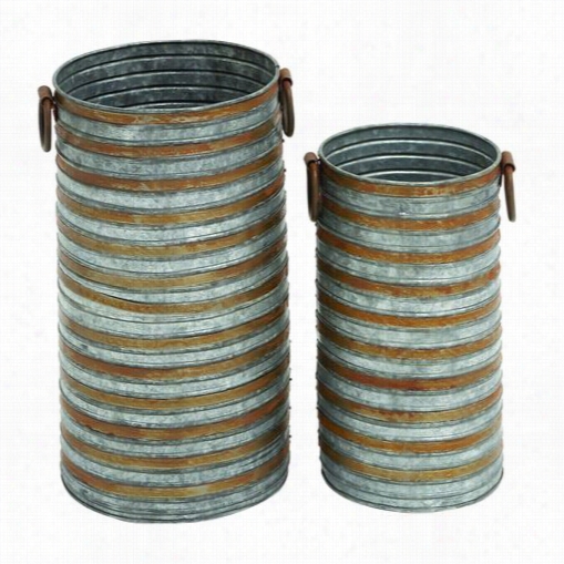 Woodland Imports 94111 Cylindrical Shaped Mtal Galvanied Planter With Side Handles - Set Of 2