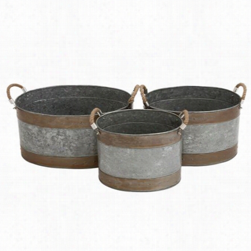 Woodland Imporrts 27535 The Wide Metal Galvanized Planter - Set Of 3