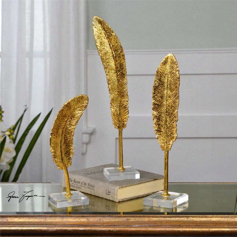 Uttermost Feathers Sculpture Set Of 3 In Gold