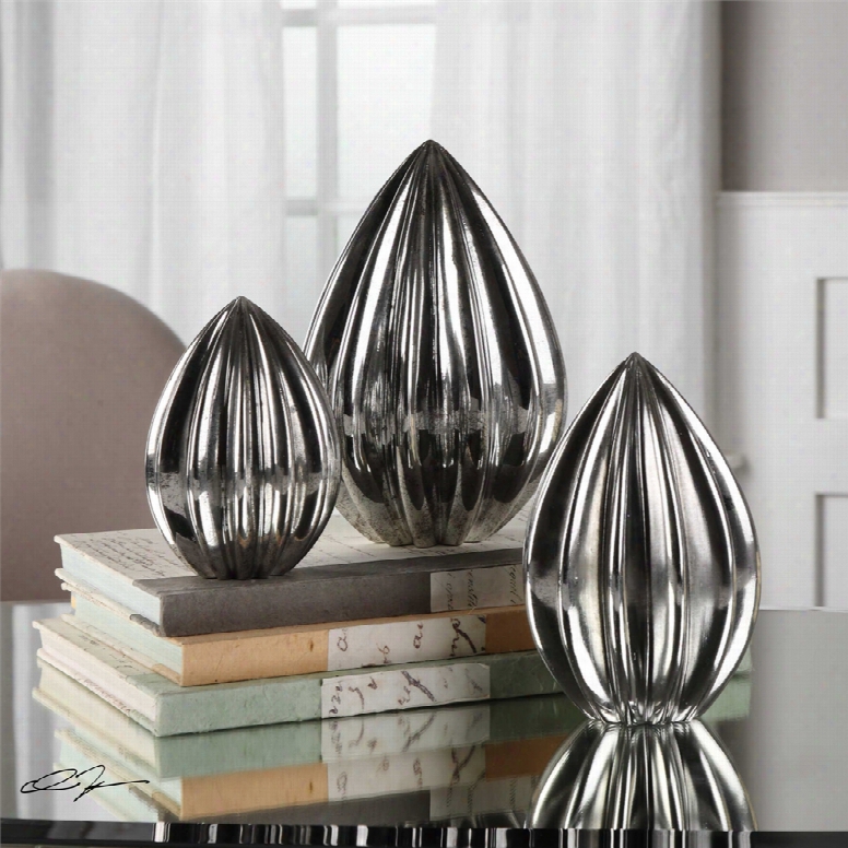 Uttermost Gerardo Ribbed Finials Set Of 3 In Silver