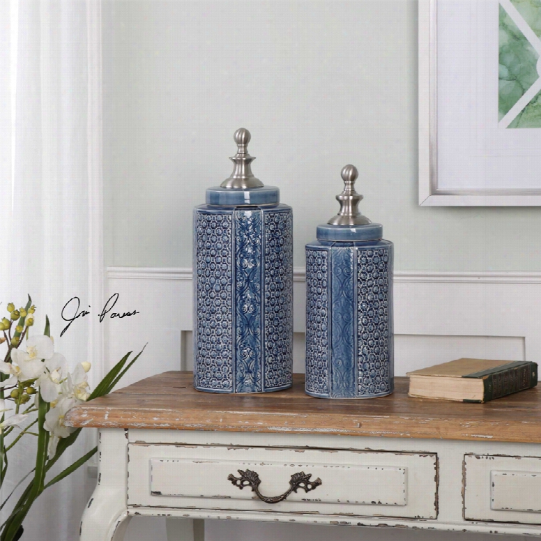 Uttermost Pero Urns Set Of 2 In Sapphire Blue