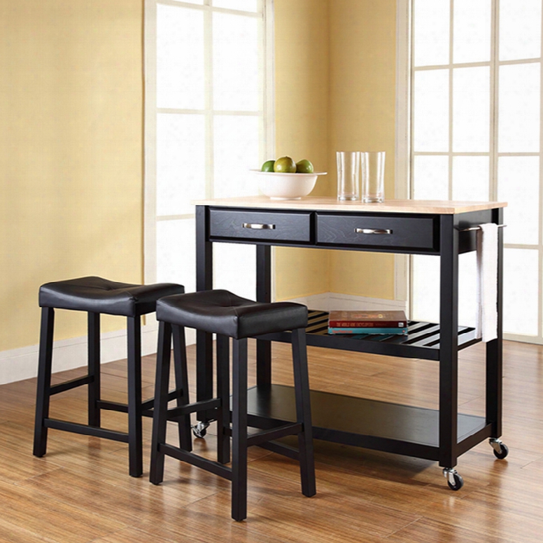 Crosley Natural Wood Top Kitchen Island With 24 Inch Blac K Upholstered Saddle Stools In Black