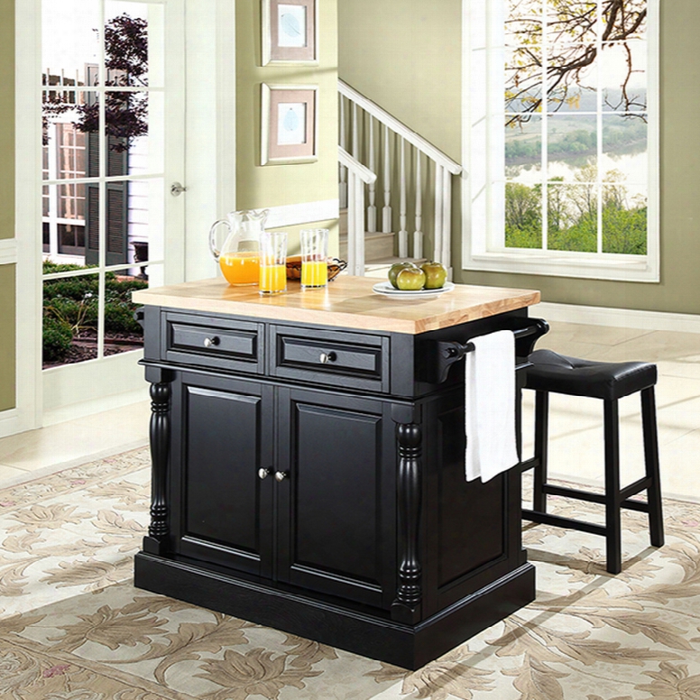 Crosley Oxford Butcher Block Top Kitchen Island 24 Inch Upholstered Saddle Stools In Black