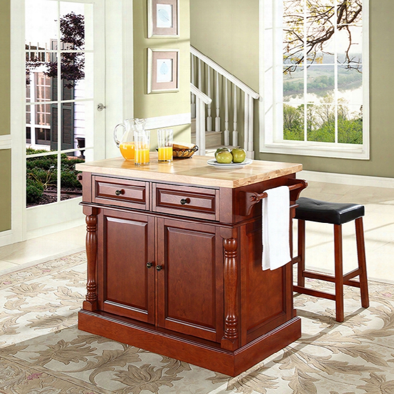 Crosley Oxford Butcher Block Top Kitchen Island 24 Inch Upholstered Saddle Stools In Cherry