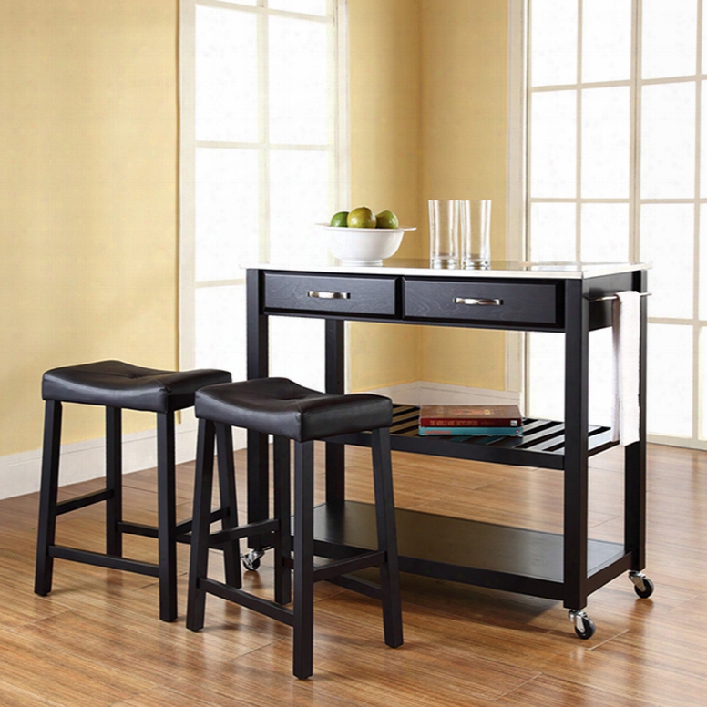 Crosley Stainless Steel Top Kitchen Island With 24 Inch Upholstered Saddle Stools In Black