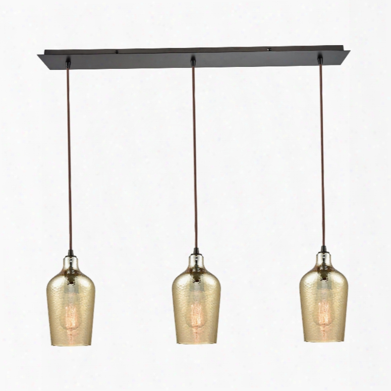 Elk Lighting Hammered Glass 3-light Linear Pan Fixture In Oil Rubbed Bronze With Hammered Amber Plated Glass
