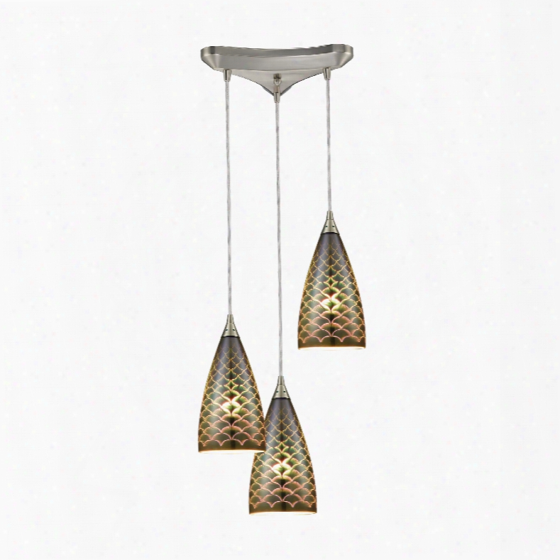 Elk Lighting Illusions 3-light Triangle Pan In Satin Nickel With 3-d Fishscale Glass Pendant