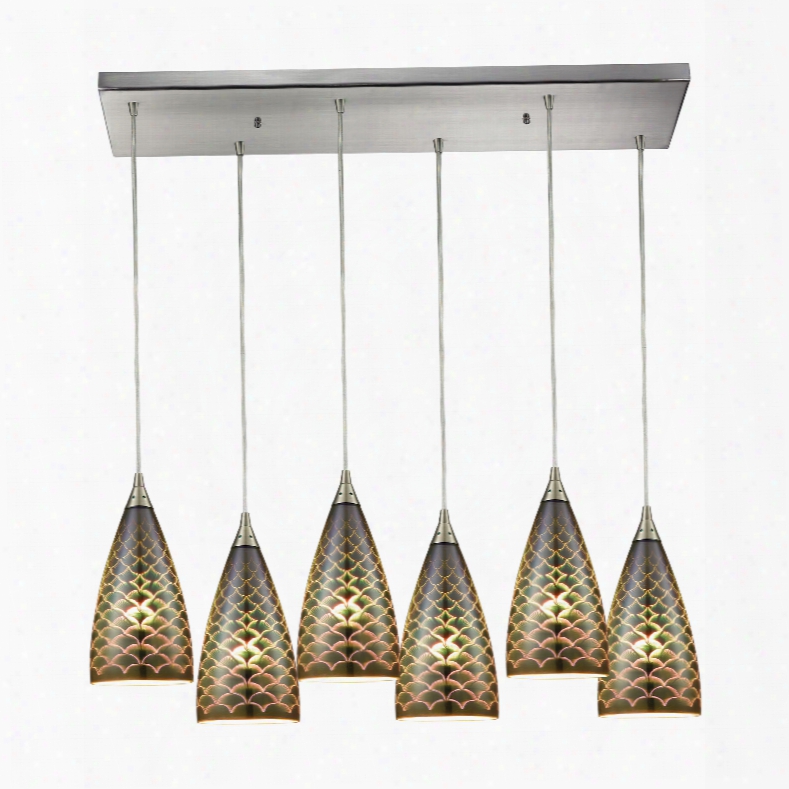 Elk Lighting Illusions 6-light Rectangle In Satin Nickel With 3-d Fishscale Glass Pendant