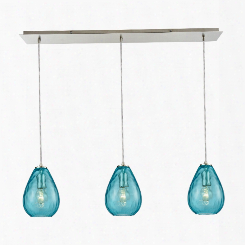 Elk Lighting Lagoon 3-light Linear Pan In Satin Nickel With Aqua Water Glass Pendant