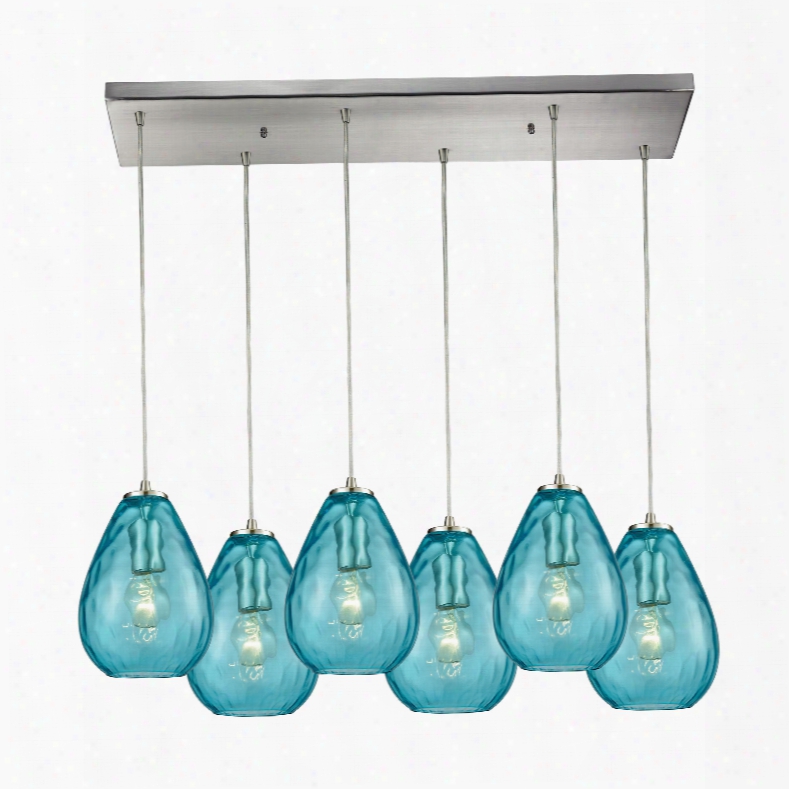 Elk Lighting Lagoon 6-light Rectangle In Satin Nickel With Aqua Water Glass Pendant