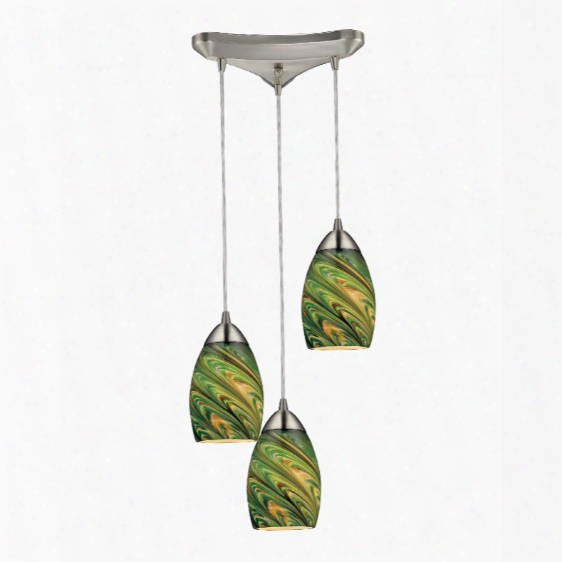 Elk Lighting Mini Vortex 3-light Pendant In Satin Nickel And Evergreen Glass