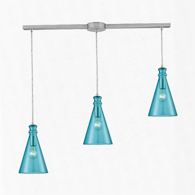 El Lighting Parson 3-light Linear Bar In Satin Nickel With Aqua Glass Pendant