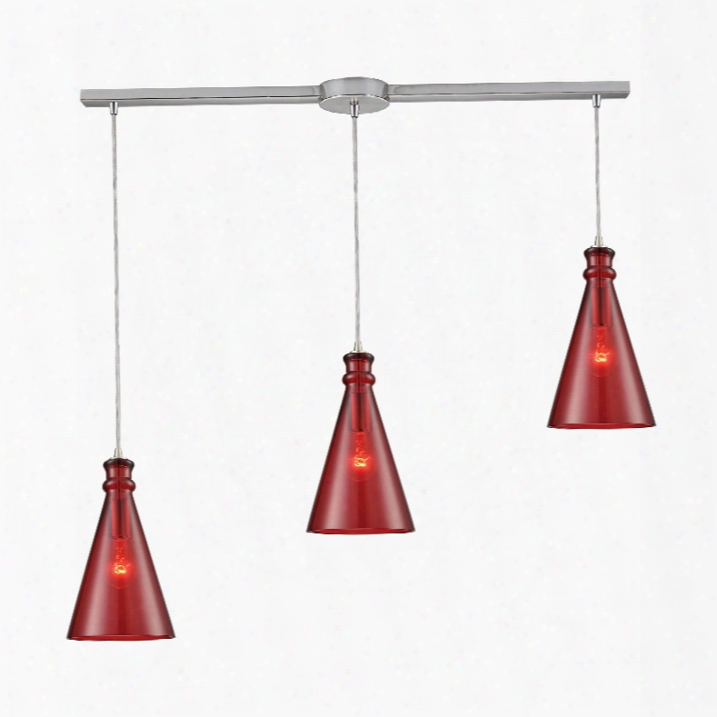 Elk Lightihg Parson 3-light Linear Bar In Satin Nickel With Wine Red Glass Pendant